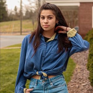 Blue and yellow button up